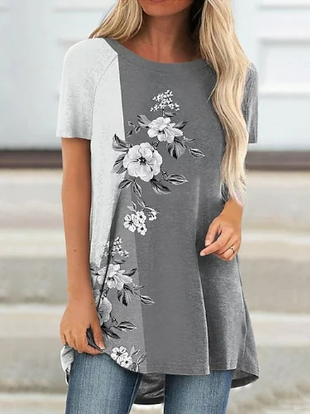 

Cotton Blends Floral Crew Neck Short Sleeve Tops, Multicolor, Tunics