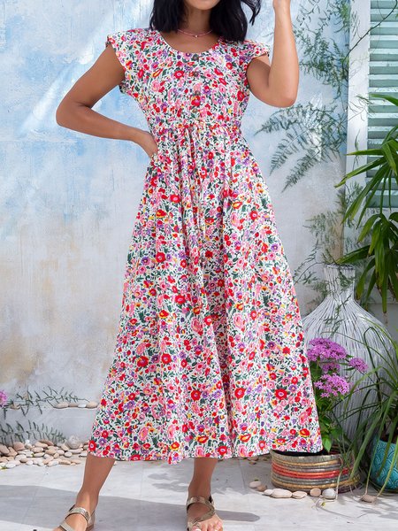 

Floral Crew Neck Short Sleeve Woven Dress, Multicolor, Dresses