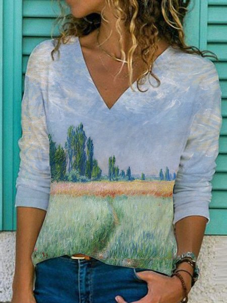 

Casual Landscape Print Long Sleeve Tops, Multicolor, Long sleeve tops