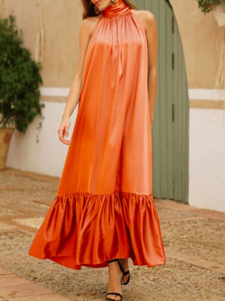 

Summer A-line Lightweight Elegant Short Sleeve Woven Daily Dress, Orange, Maxi Dresses