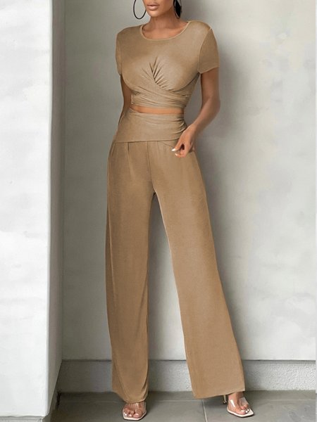 

Regular Fit Crew Neck Simple Top With Pants Suit, Khaki, Pants Set