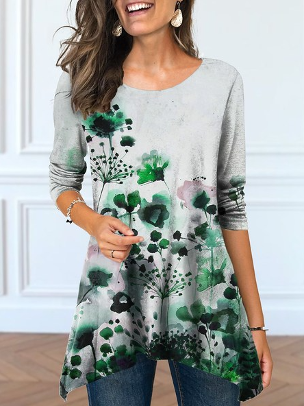 

Crew Neck Casual Plants Long Sleeve Tops, White, Shirts & Blouses
