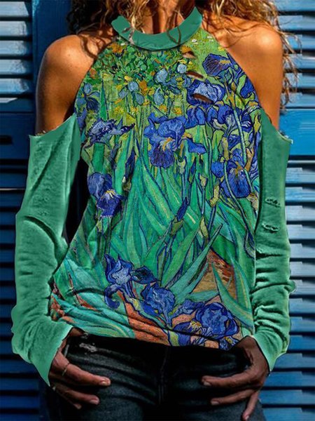 

Casual Floral Long Sleeve T-Shirt, Cyan, Long sleeve tops