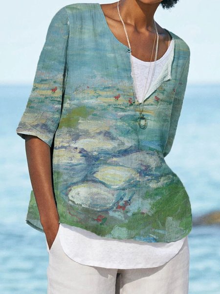 

Vacation Landscape Print Long Sleeve Tops, Green, Long sleeve tops