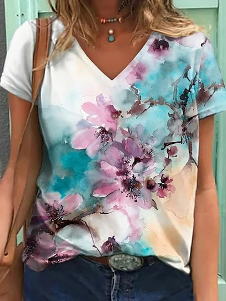 

V Neck Floral Casual Short Sleeve T-Shirt, White, T-Shirts