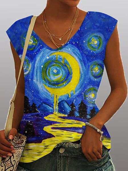 

Artist's famous painting series gradient moon print loose top T-shirt Plus Size, Multicolor, T-Shirts