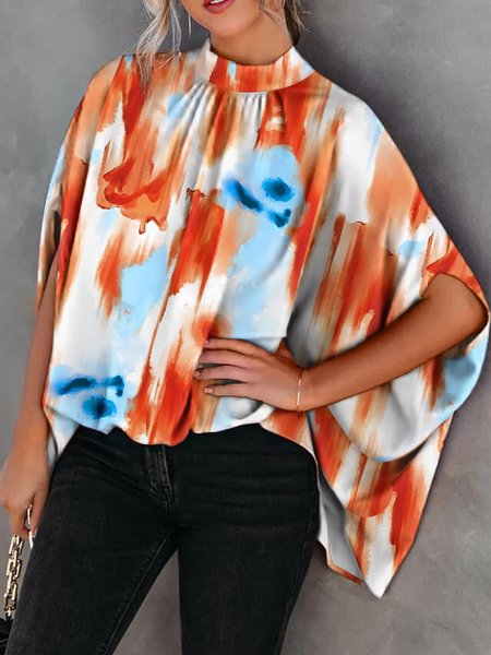 

Abstract Simple Stand Collar Top, Orange, Tops