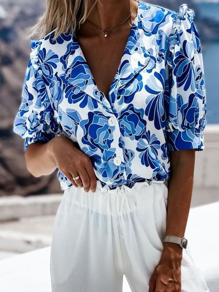 

Daily Lapel Floral Regular Fit Mid Sleeve Blouse, Blue, Blouses and Shirts
