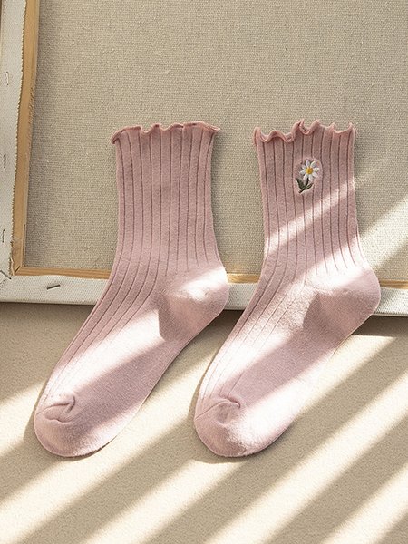 JFN Embroidered Floral Socks, Pink, Socks