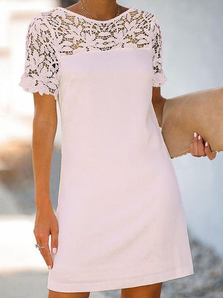 

Romantic Lace Patchwork Casual Loosen Plain Crew Neck Short Sleeve Knit Dress, Pink, Mini Dresses