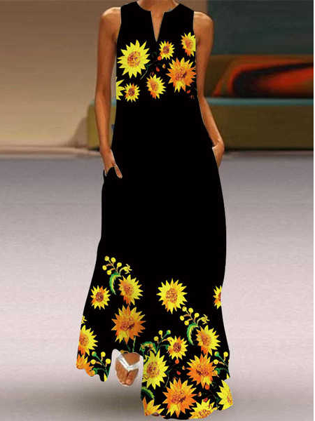 

V Neck Loosen Sunflower Short Sleeve Women Dress, Black, Dresses