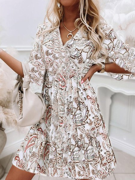 

V Neck Casual Floral Woven Dress, Multicolor, Mini Dresses