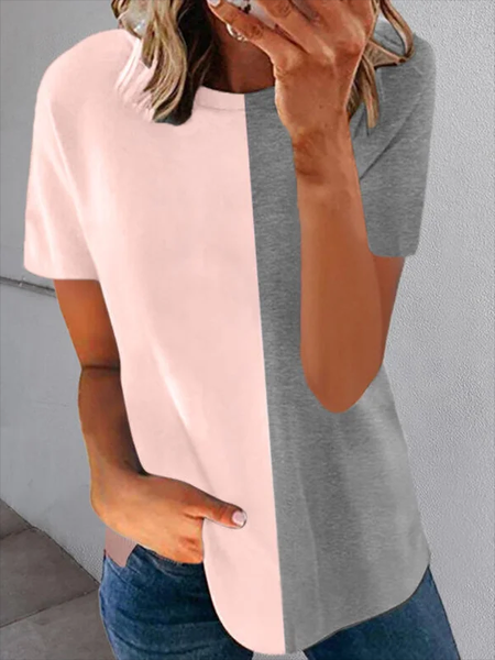 

Crew Neck Casual Color Block Short Sleeve T-Shirt, As picture, T-Shirts