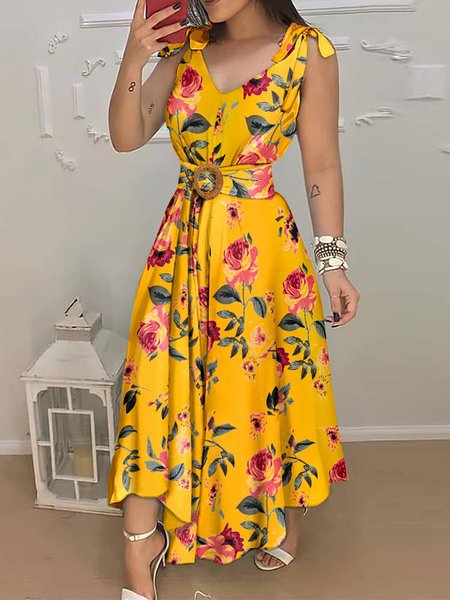 

Vacation Floral Regular Fit Short Sleeve Woven Dress, Yellow, Maxi Dresses