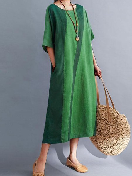 

Color Block Crew Neck Short Sleeve Woven Midi Dress, Green, Maxi Dresses