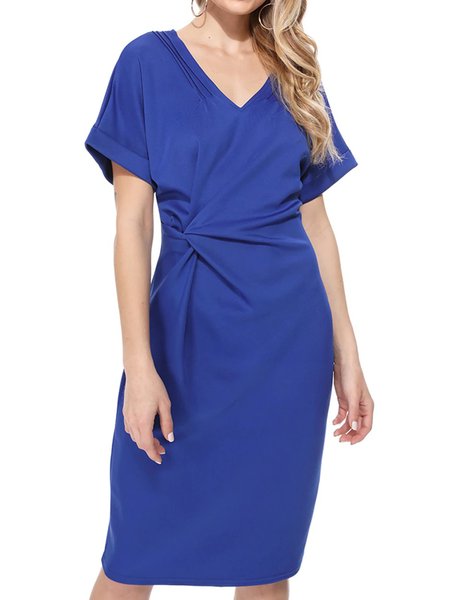 

V Neck Solid Casual Short Sleeve Knit Dress, Blue, Midi Dresses