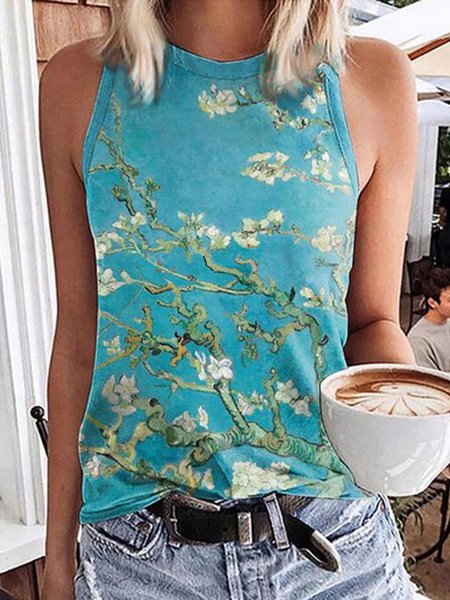 

Regular Fit Crew Neck Floral Knit Tank, Multicolor, Tank Top
