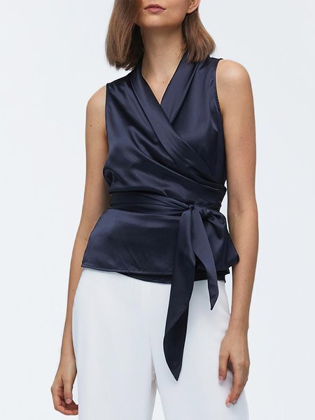 

Elegant V Neck Solid Slim Fit Sleeveless Top, Dark_blue, Tunics