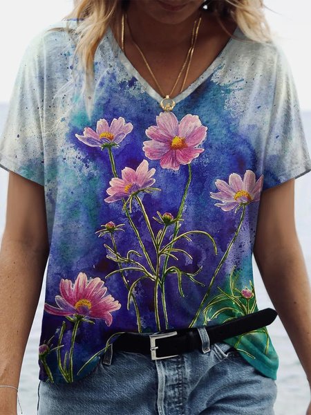 

V Neck Floral Casual Short Sleeve Loosen T-Shirt, Blue, T-Shirts