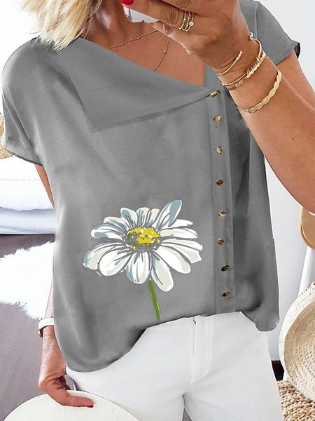 

Buttoned Floral Short Sleeve Plus Size Casual Tops, Gray, Tops