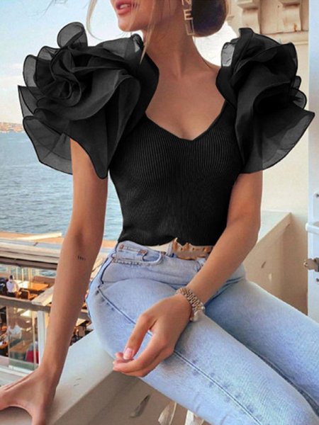 

V Neck Sleeveless Elegant Solid Top, Black, Tops
