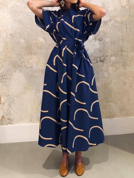 

Regular Fit Crew Neck Short Sleeve Woven Dress, Blue, Maxi Dresses
