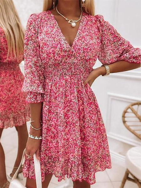 

Floral V neck Casual Half sleeve Dress, Red, Mini Dresses