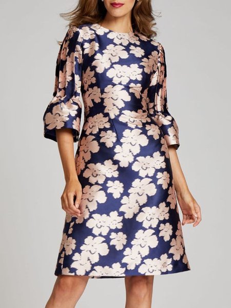 

Elegant Formal Printed Crew Neck Half Sleeve Dress, Blue, Midi Dresses