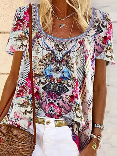 

Loosen Tribal Casual Short Sleeve Tops, Multicolor, T-Shirts