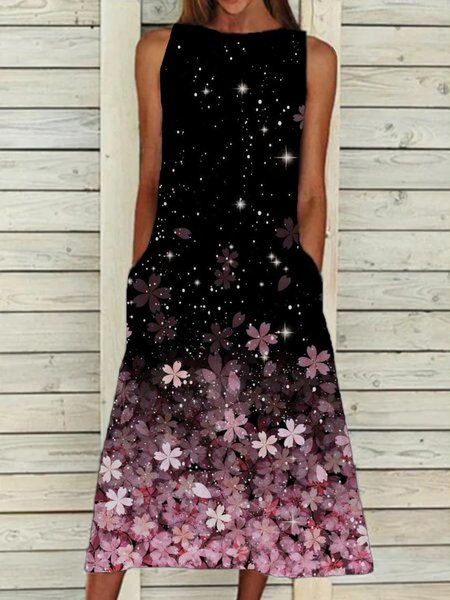 

Casual Floral Sleeveless Round Neck Plus Size Printed Dress, Pink, Maxi Dresses