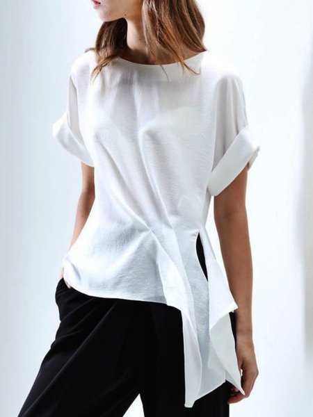 

Summer Lightweight Crew Neck Casual Plain Short Sleeve Daily Tops, White, Tops