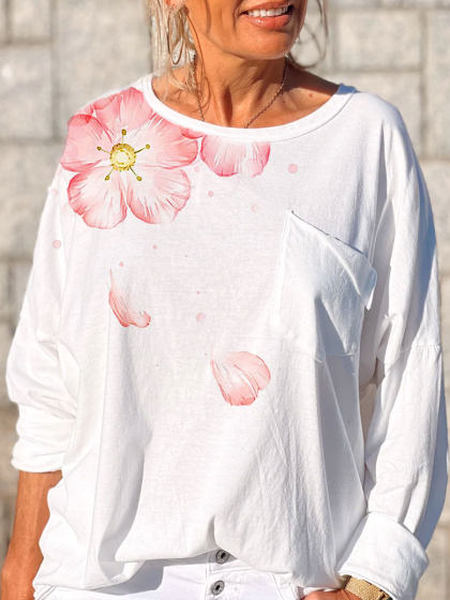 

Plus Size Floral Casual Crew Neck Long Sleeve Tops, White, Tops