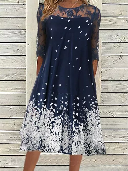 

Lace Floral Crew Neck Casual Half sleeve Dress, Deep blue, Midi Dresses