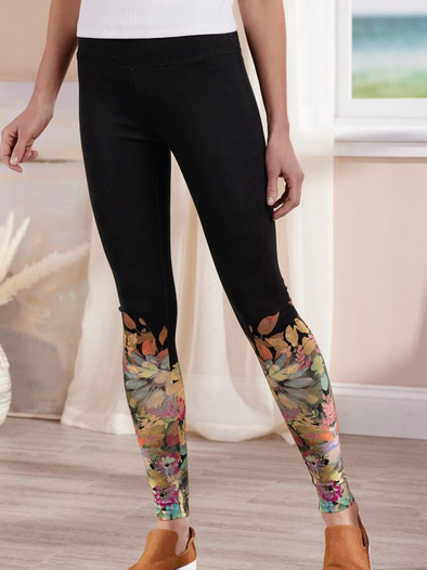 

Casual Skinny Floral Pattern Pants, Black, leggings