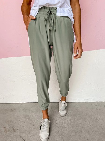 

Pockets Plain Casual Long Pants, Green, Pants