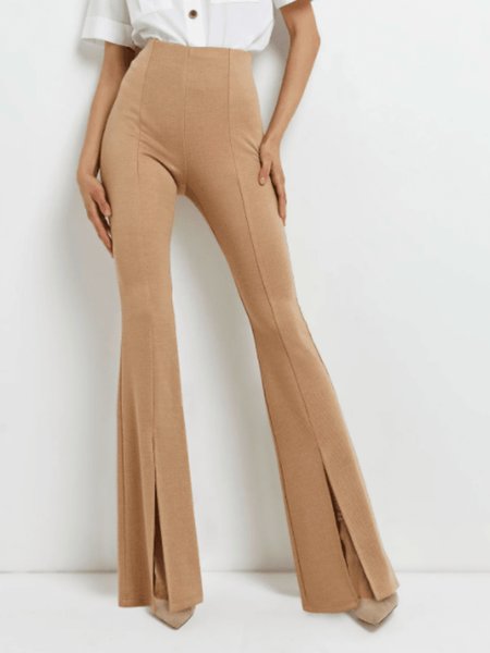 

Summer Lightweight High Waist Slim Fit Plain Straight Leg Pants, Khaki, Flared Pants