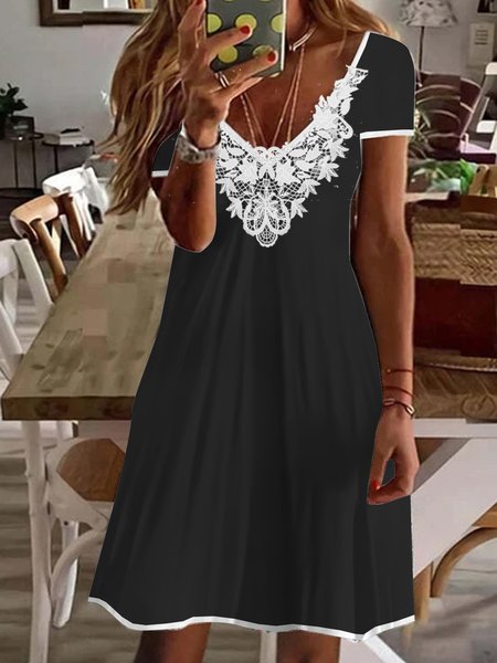 

Plain no pattern black contrast stitching lace a dress midi Plus Size, Black-white, Dresses