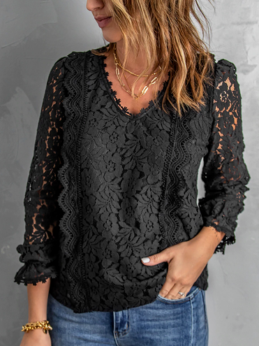 

Plain Casual Lace Long Sleeve Tops, Black, Shirts & Blouses