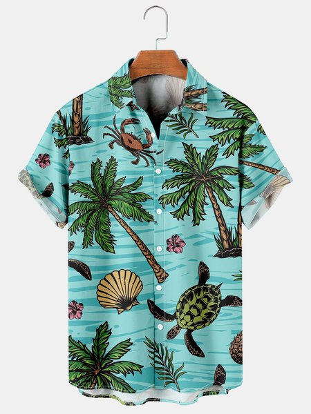 

Men's Coconut Print Casual Short Sleeve Hawaiian Shirt, Blue, Men's Floral shirt