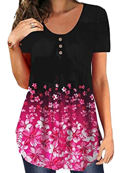 

Casual Buttoned Floral Short Sleeve T-Shirt, Red, T-Shirts