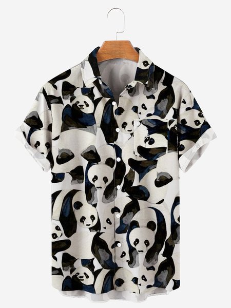 

Mens Black-white Panda Print Loose Short Sleeve Hawaiian Shirts, Men's Floral shirt