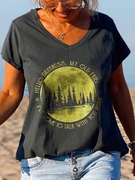 

Letter Landscape Print Regular Fit Short Sleeve V-neck T-Shirt, Black, Tees & T-shirts