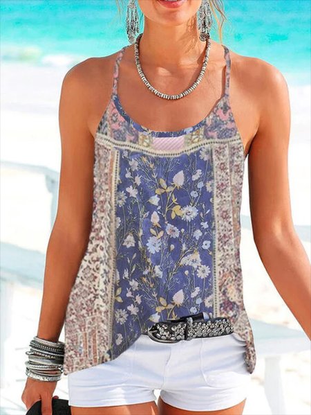 

Boho Sleeveless Floral Woven Tank, Blue, Tank Top