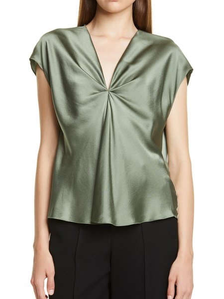 Summer Cap sleeve Lightweight V neck Simple Short Sleeve Daily Tops, Green, Tunics