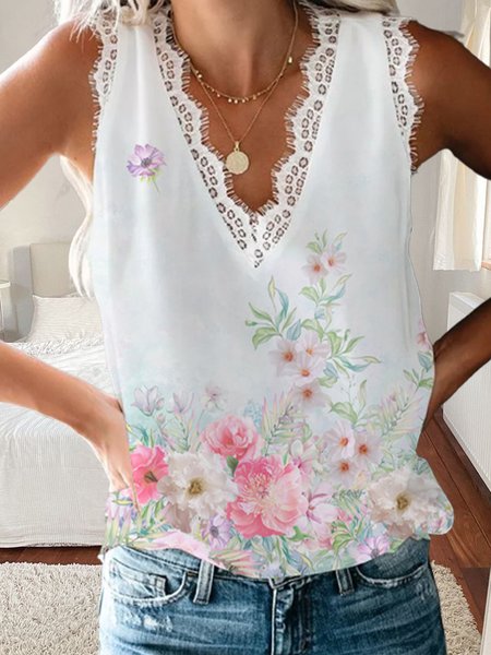 

Floral print lace stitching spring new explosion style super nice casual ladies vest, Multicolor, Tanks & Camis