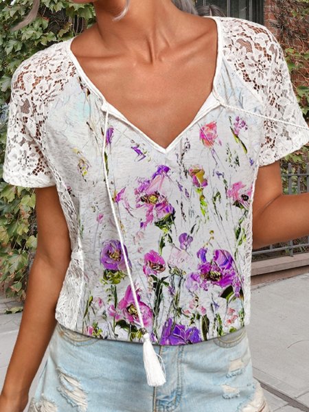 

Floral print lace stitching spring new hot style super nice casual women's top, Multicolor, Blouses & Shirts