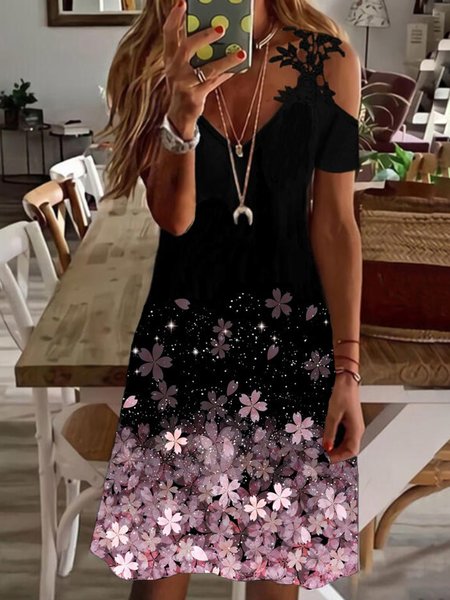 

Casual Floral Short Sleeve V Neck Plus Size Printed Dress, Pink, Mini Dresses