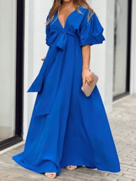 

Summer V neck Lightweight Vacation Short Sleeve Woven Fit and FlareX Dress, Blue, Maxi Dresses