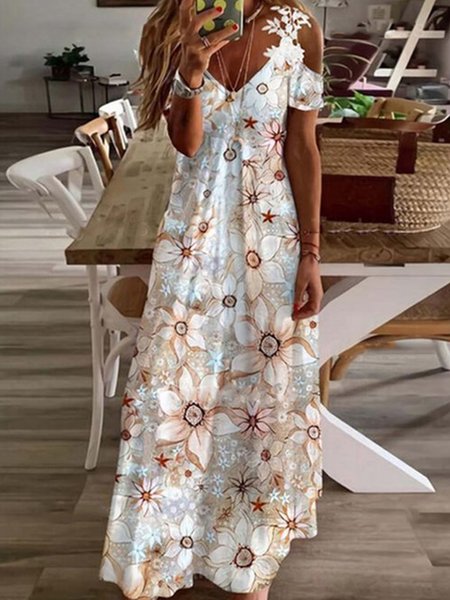 

Floral V Neck Vacation Short Sleeve Knit Dress, Multicolor, Dresses
