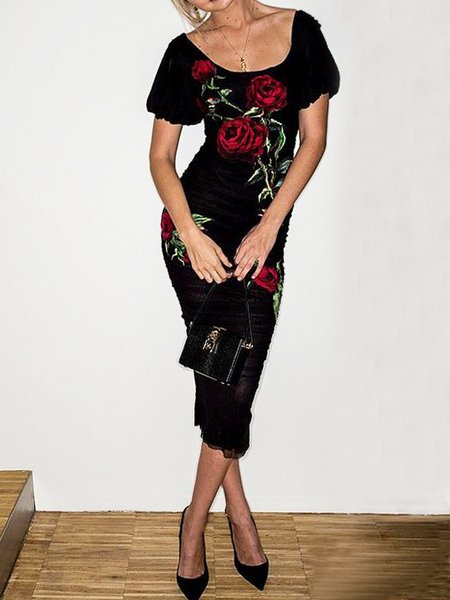 

Floral Elegant Skinny Short Sleeve Midi Dress, Black, Midi Dresses